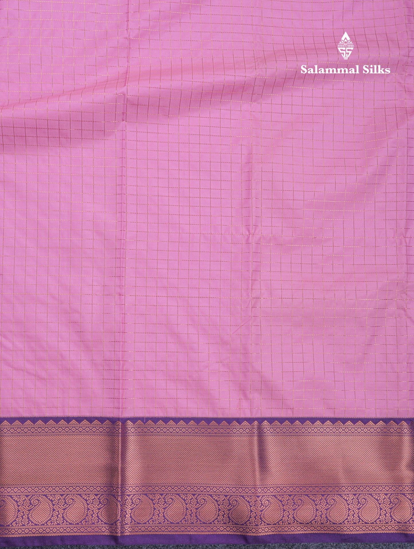 Baby Pink Small Checks Semi Silk Saree With Contrast Violet Traditional Border