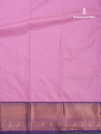 Baby Pink Small Checks Semi Silk Saree With Contrast Violet Traditional Border