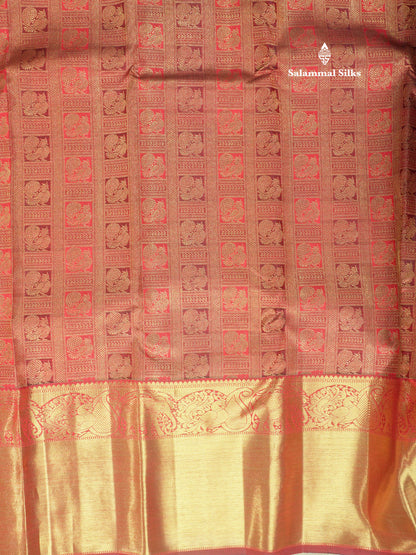 Dark Maroon Pure Kanjivaram Traditional Silk Saree Pure zari (3Gram) with Long Gold Zari Border