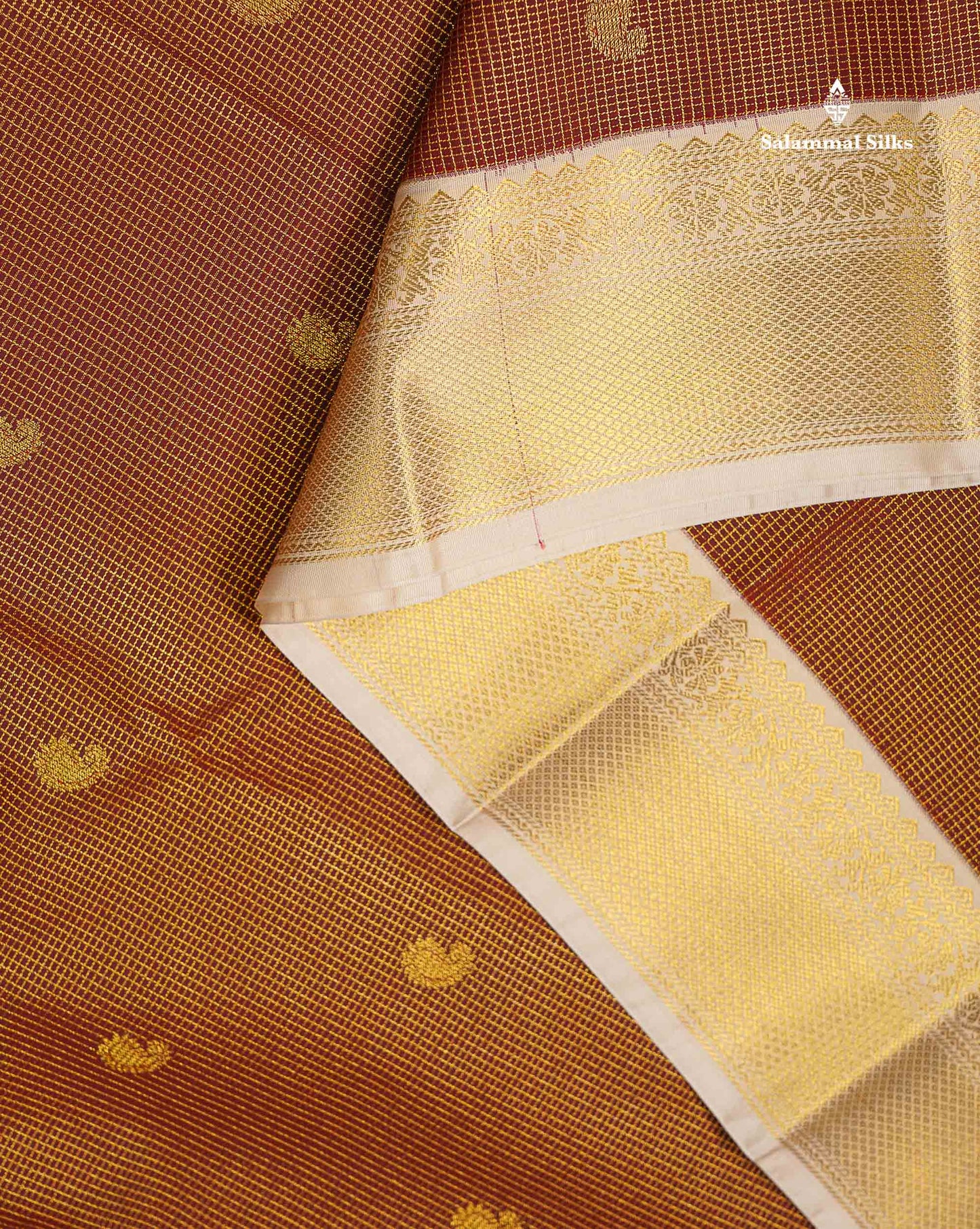 Semi Silk Saree - Brown Mango Butta With Tiny Vaira Oosi Checks Along With Contrast Cream Sandal Border