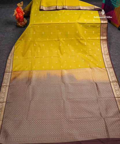 Semi Silk Saree -  Mehandi Green Butta With Vaira Oosi Lines Along With Contrast Dark Brown Small Traditional Border