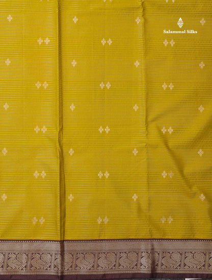 Semi Silk Saree -  Mehandi Green Butta With Vaira Oosi Lines Along With Contrast Dark Brown Small Traditional Border