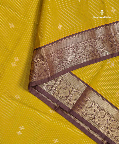 Semi Silk Saree -  Mehandi Green Butta With Vaira Oosi Lines Along With Contrast Dark Brown Small Traditional Border