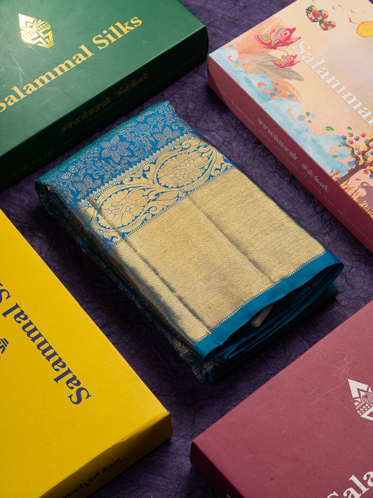 Beautiful Dual Tone Peacock Blue Bridal 2G Pure Kanjivaram Silk Saree With Traditional Evening Morning Border