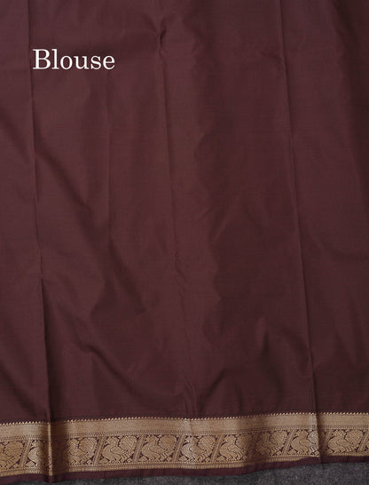 Semi Silk Saree -  Mehandi Green Butta With Vaira Oosi Lines Along With Contrast Dark Brown Small Traditional Border