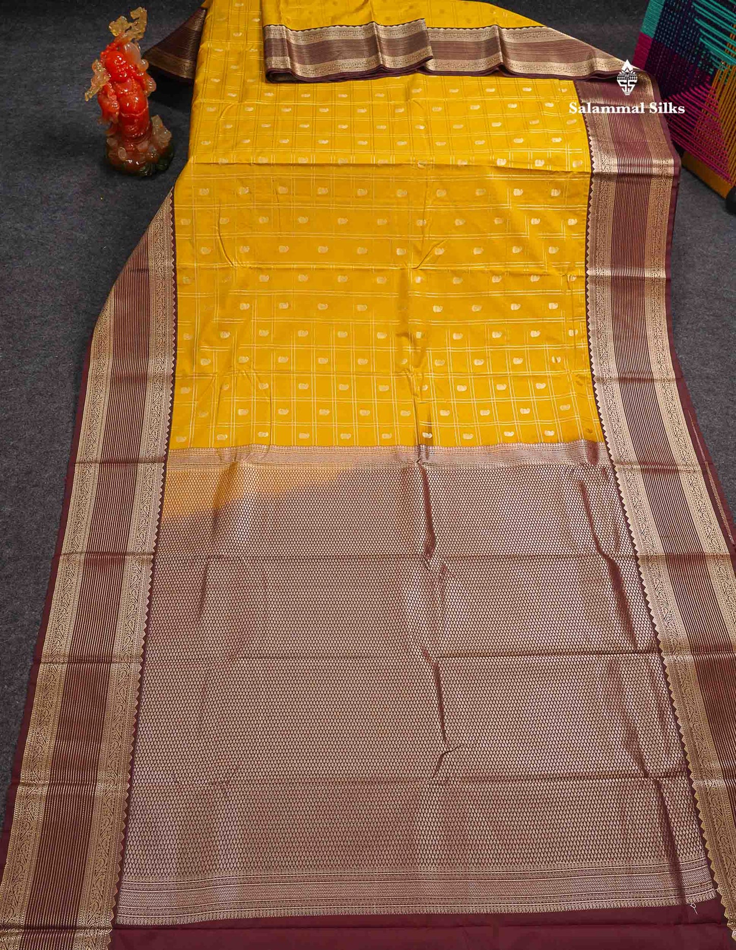Semi Silk Saree - Mustard Yellow Mango Butta With Checks Along With Contrast Dark Brown Traditional Border