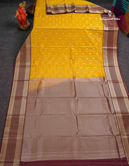 Semi Silk Saree - Mustard Yellow Mango Butta With Checks Along With Contrast Dark Brown Traditional Border