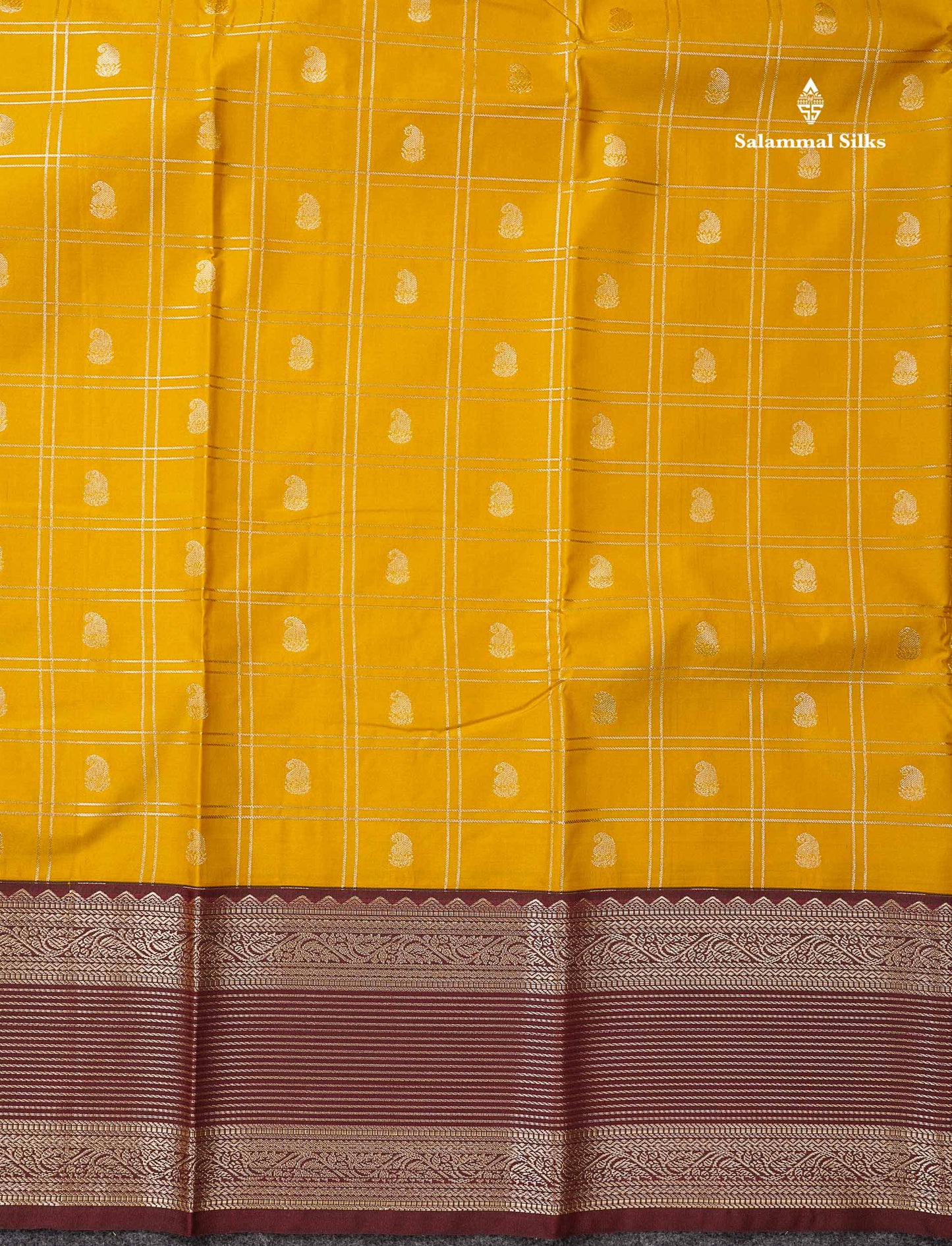 Semi Silk Saree - Mustard Yellow Mango Butta With Checks Along With Contrast Dark Brown Traditional Border