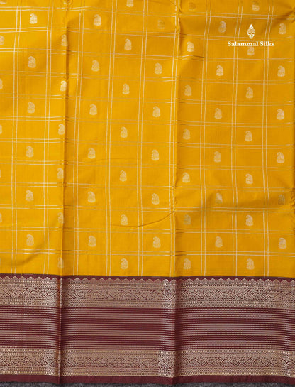 Semi Silk Saree - Mustard Yellow Mango Butta With Checks Along With Contrast Dark Brown Traditional Border