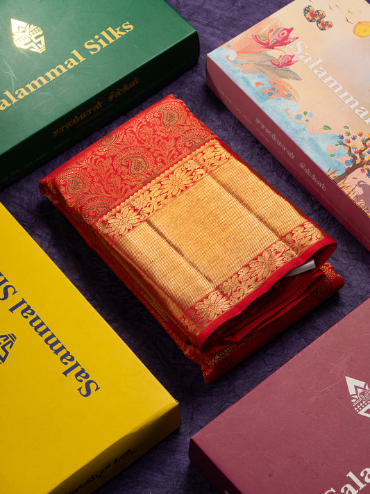 Beautiful Red Menakari Work Bridal 2G Pure Kanjivaram Silk Saree With Traditional Evening Morning Border