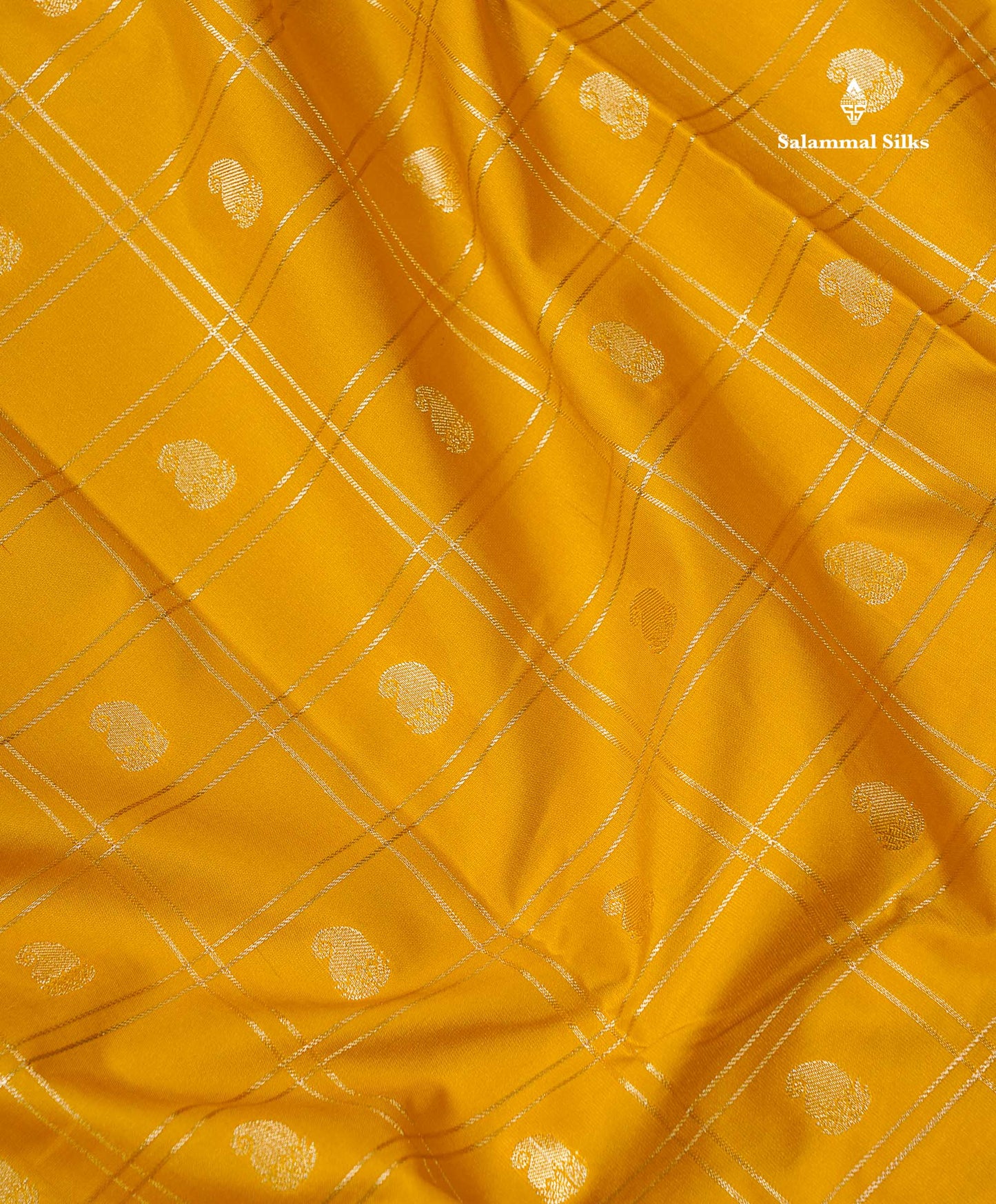 Semi Silk Saree - Mustard Yellow Mango Butta With Checks Along With Contrast Dark Brown Traditional Border