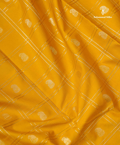 Semi Silk Saree - Mustard Yellow Mango Butta With Checks Along With Contrast Dark Brown Traditional Border