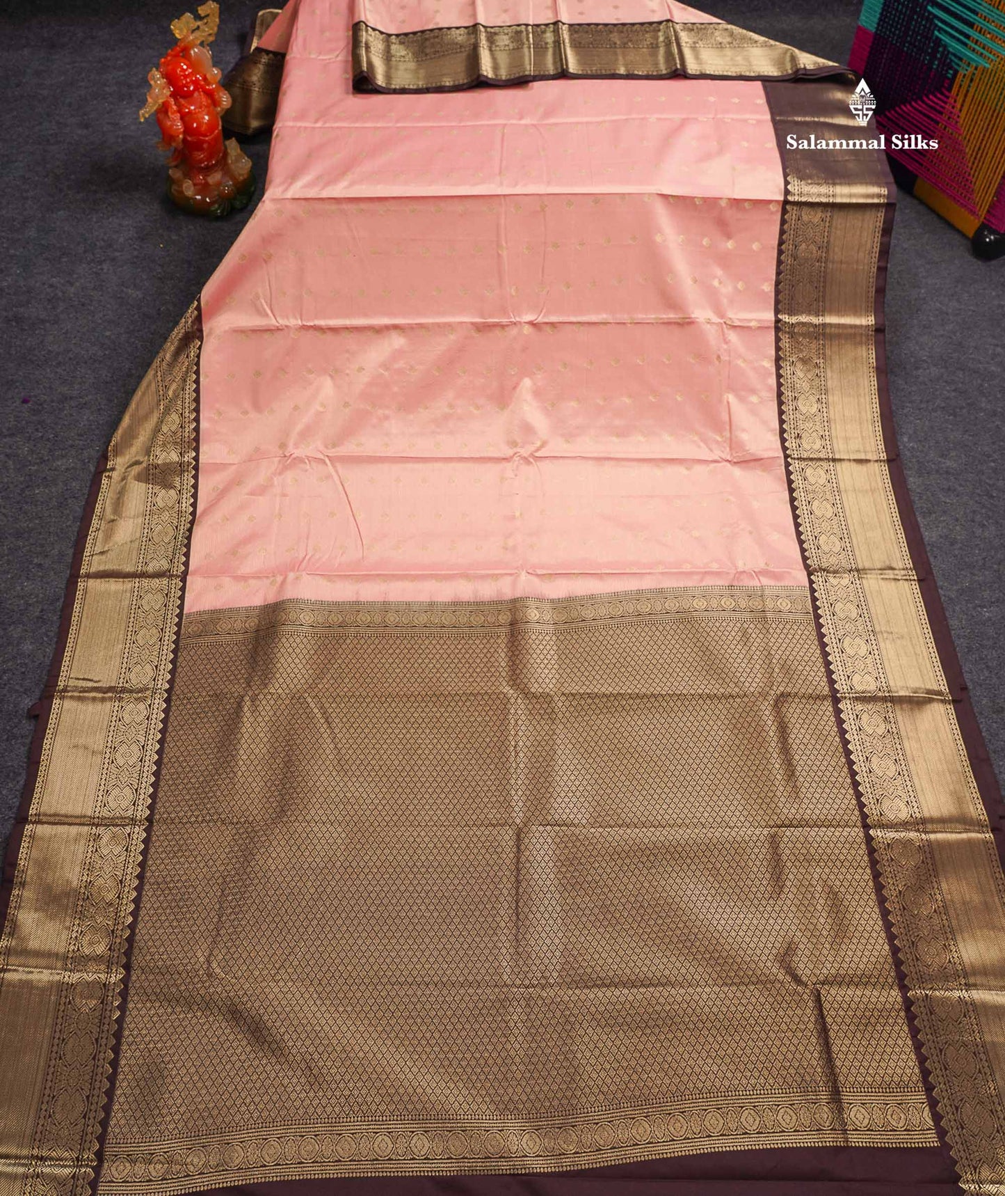 Semi Silk Saree - Light Peach Butta With Vaira Oosi Lines Along With Contrast Dark Brown Border