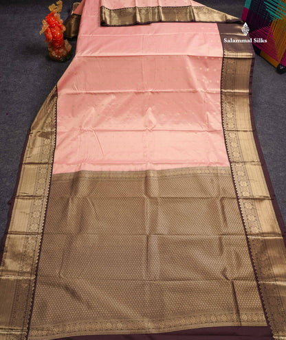 Semi Silk Saree - Light Peach Butta With Vaira Oosi Lines Along With Contrast Dark Brown Border