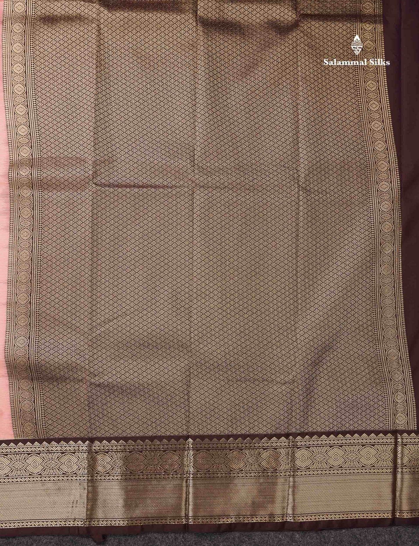 Semi Silk Saree - Light Peach Butta With Vaira Oosi Lines Along With Contrast Dark Brown Border