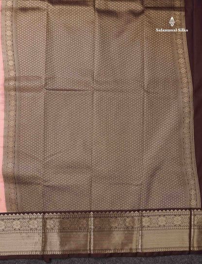 Semi Silk Saree - Light Peach Butta With Vaira Oosi Lines Along With Contrast Dark Brown Border