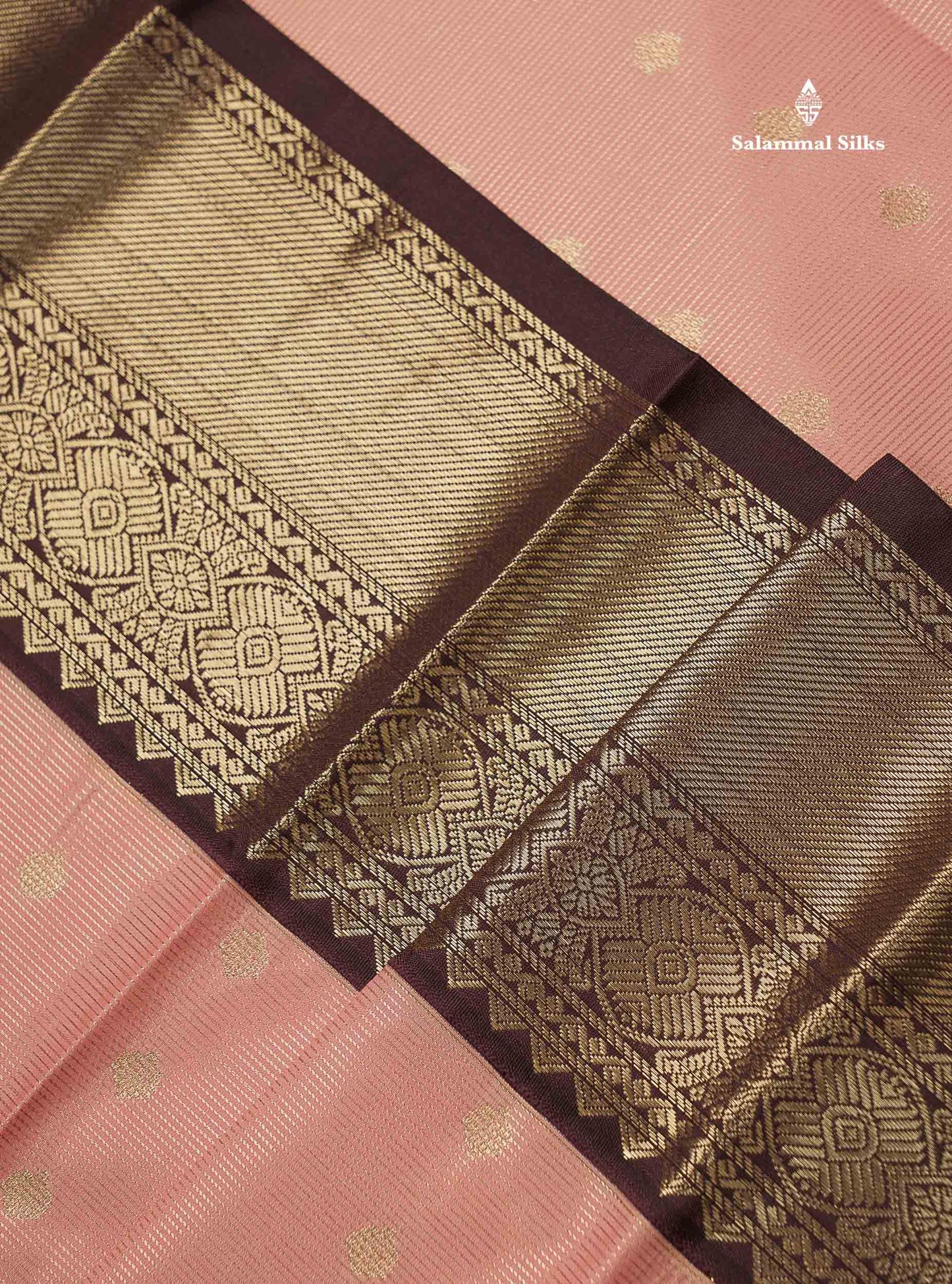 Semi Silk Saree - Light Peach Butta With Vaira Oosi Lines Along With Contrast Dark Brown Border