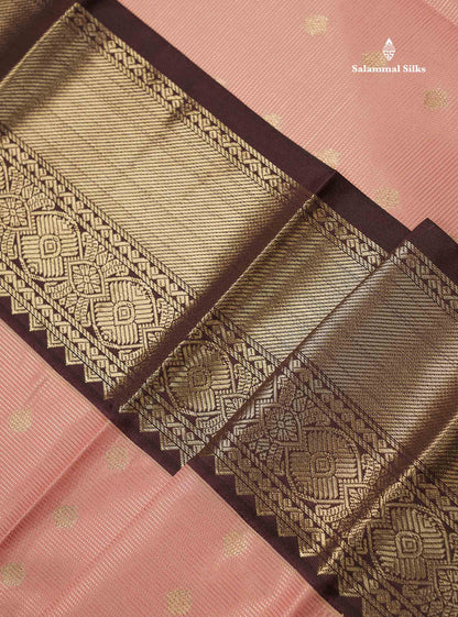 Semi Silk Saree - Light Peach Butta With Vaira Oosi Lines Along With Contrast Dark Brown Border