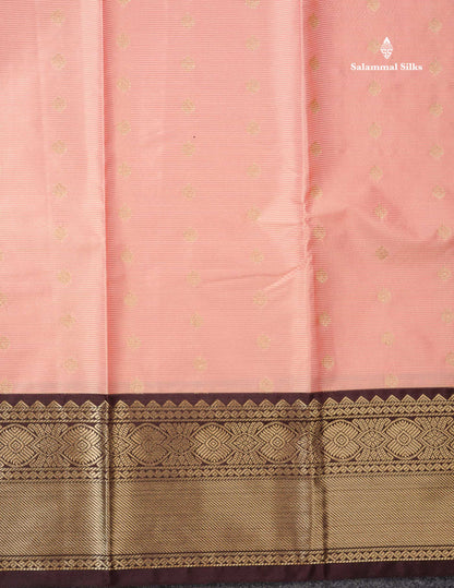 Semi Silk Saree - Light Peach Butta With Vaira Oosi Lines Along With Contrast Dark Brown Border