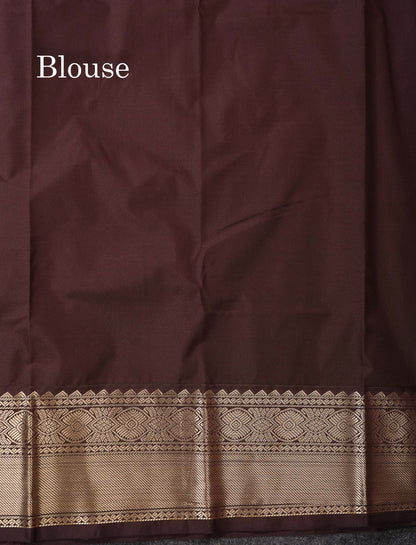 Semi Silk Saree - Light Peach Butta With Vaira Oosi Lines Along With Contrast Dark Brown Border