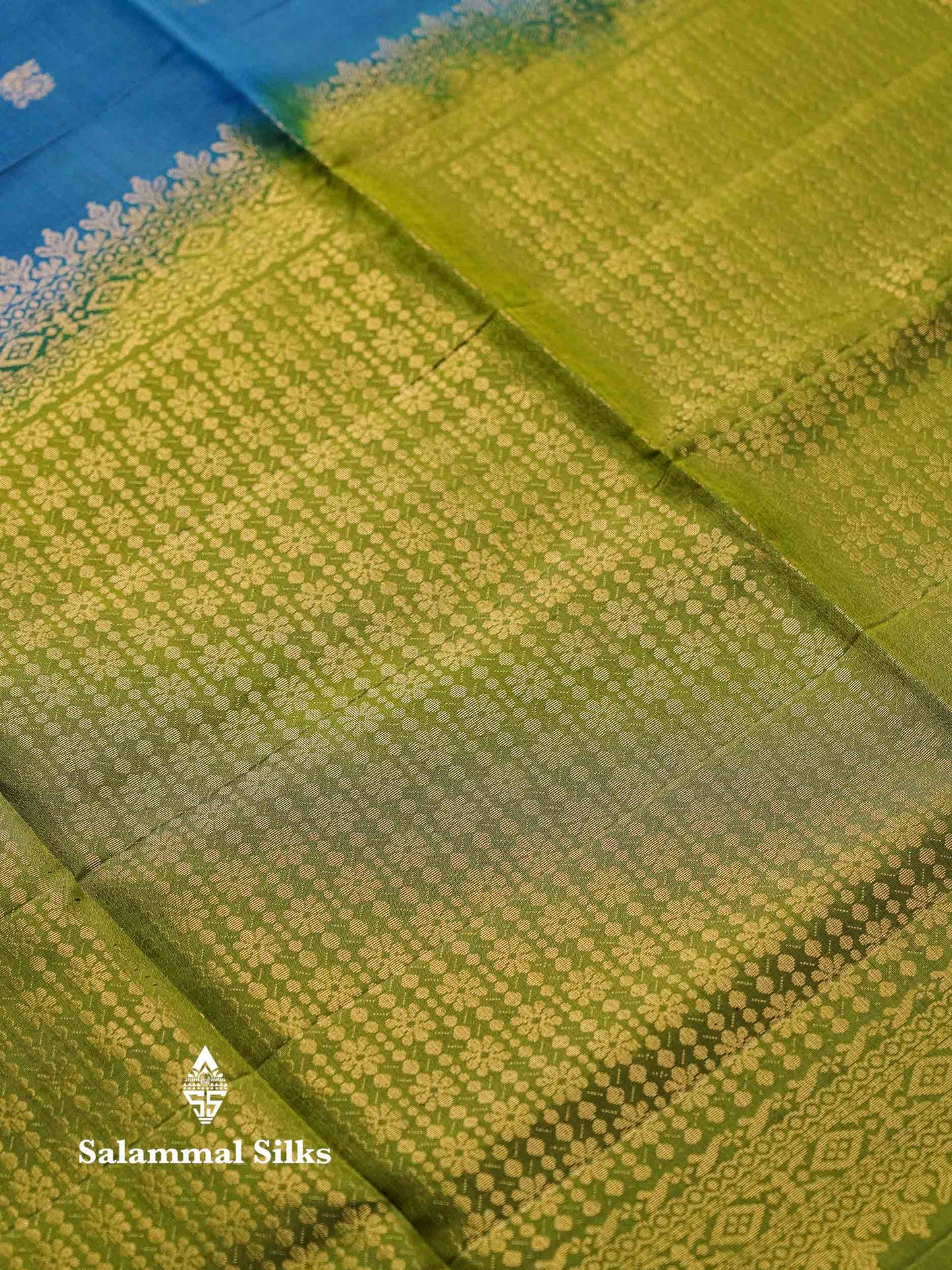 Beautiful Blue Pure Kanjivaram Soft Silk Saree With Contrast Green Blouse