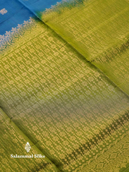 Beautiful Blue Pure Kanjivaram Soft Silk Saree With Contrast Green Blouse