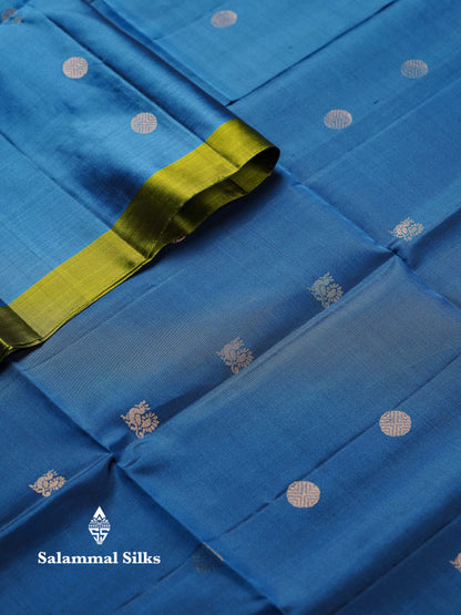 Beautiful Blue Pure Kanjivaram Soft Silk Saree With Contrast Green Blouse