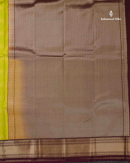 Semi Silk Saree - Parrot Green Alai Vaira Oosi Lines With Butta Along With Contrast Dark Brown Traditional Border