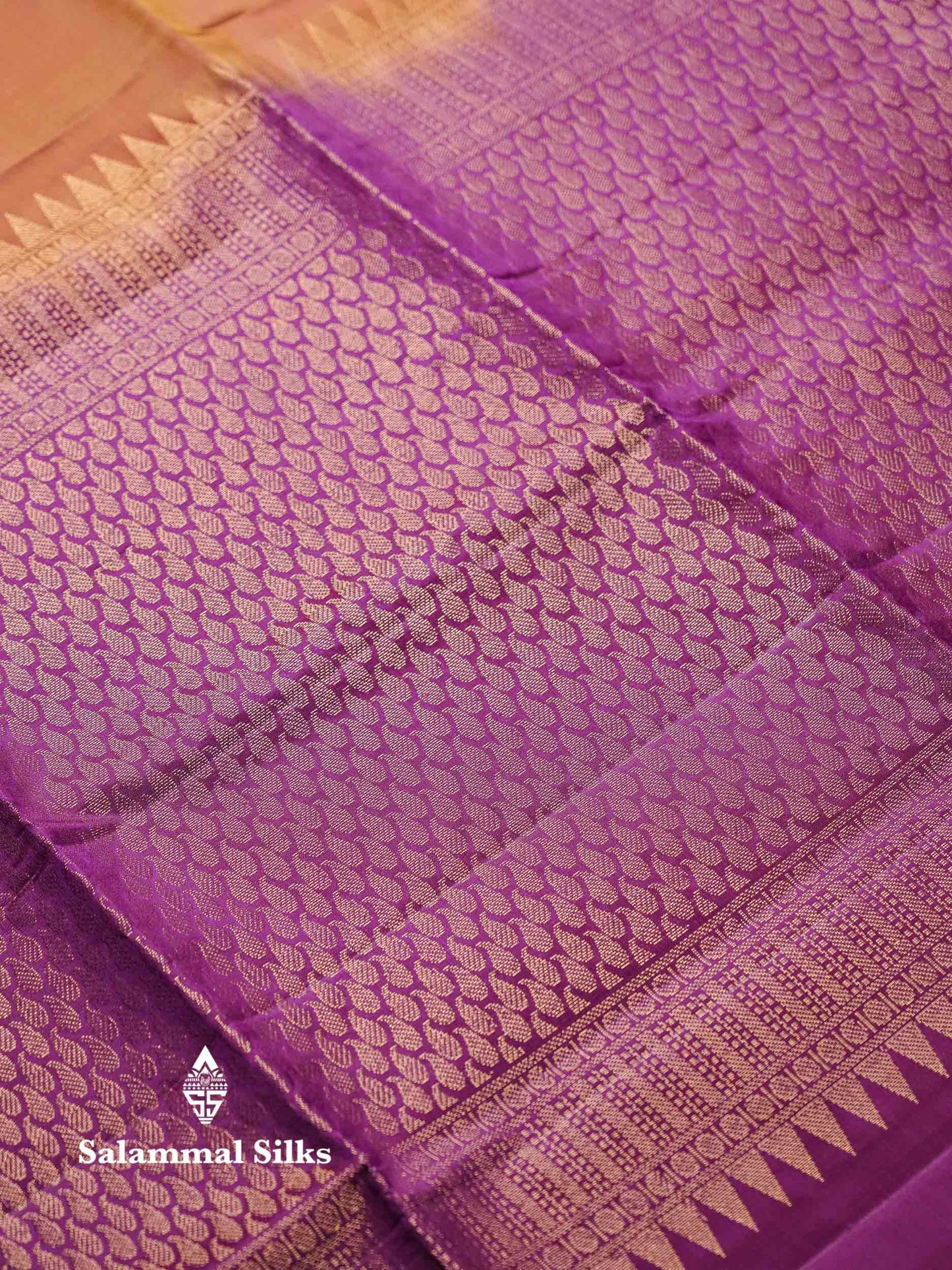 Beautiful Mustard Yellow PureMix Kanjivaram Soft Silk Saree With Contrast Violet Vanasingaram Fancy Border