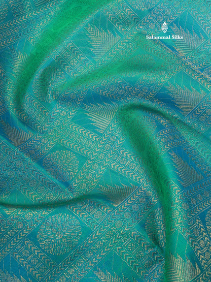 Dual Tone Peacock Blue Pure Kanjivaram Silk Saree Pure Zari (3G) with Traditional Gold Zari Border