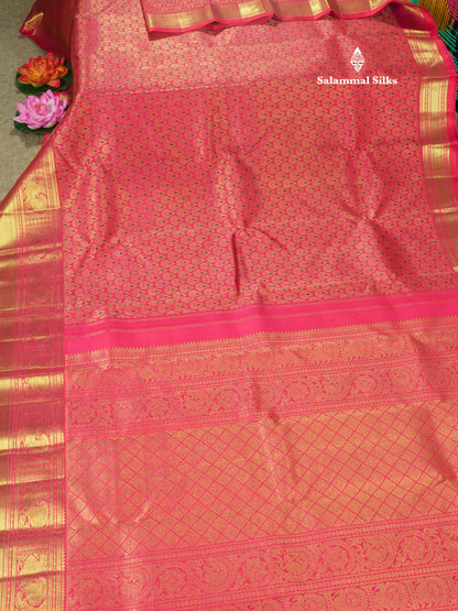 Pure zari (3G) Pinkish Red Meenakari Work Pure Kanjivaram Silk Saree with Traditional Gold Zari Border