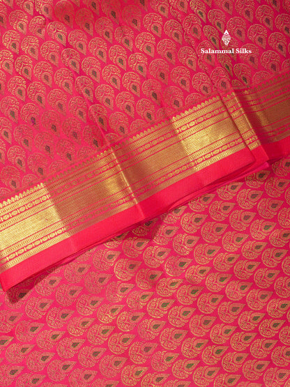 Pure zari (3G) Pinkish Red Meenakari Work Pure Kanjivaram Silk Saree with Traditional Gold Zari Border