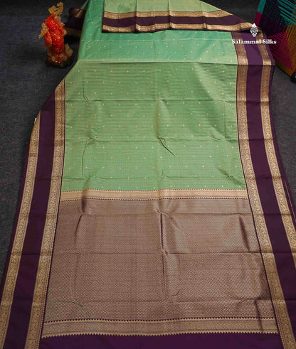 Semi Silk Saree - Dual Tone Light Olive Green Butta With Small Checks Along With Contrast Dark Purple Traditional Gap Border