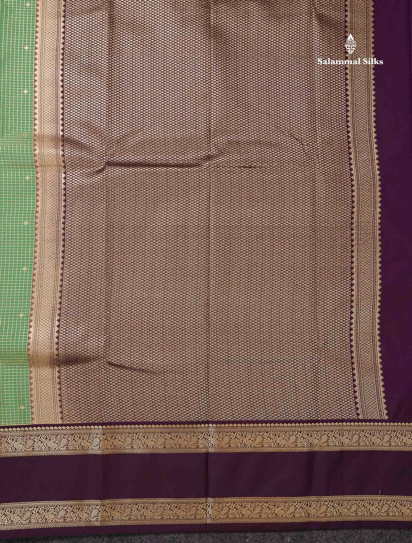 Semi Silk Saree - Dual Tone Light Olive Green Butta With Small Checks Along With Contrast Dark Purple Traditional Gap Border