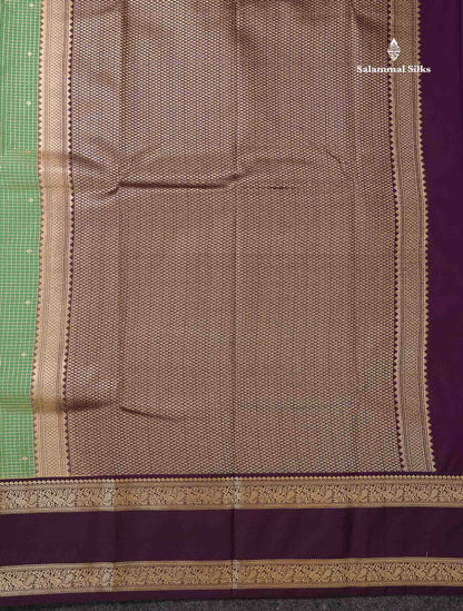 Semi Silk Saree - Dual Tone Light Olive Green Butta With Small Checks Along With Contrast Dark Purple Traditional Gap Border