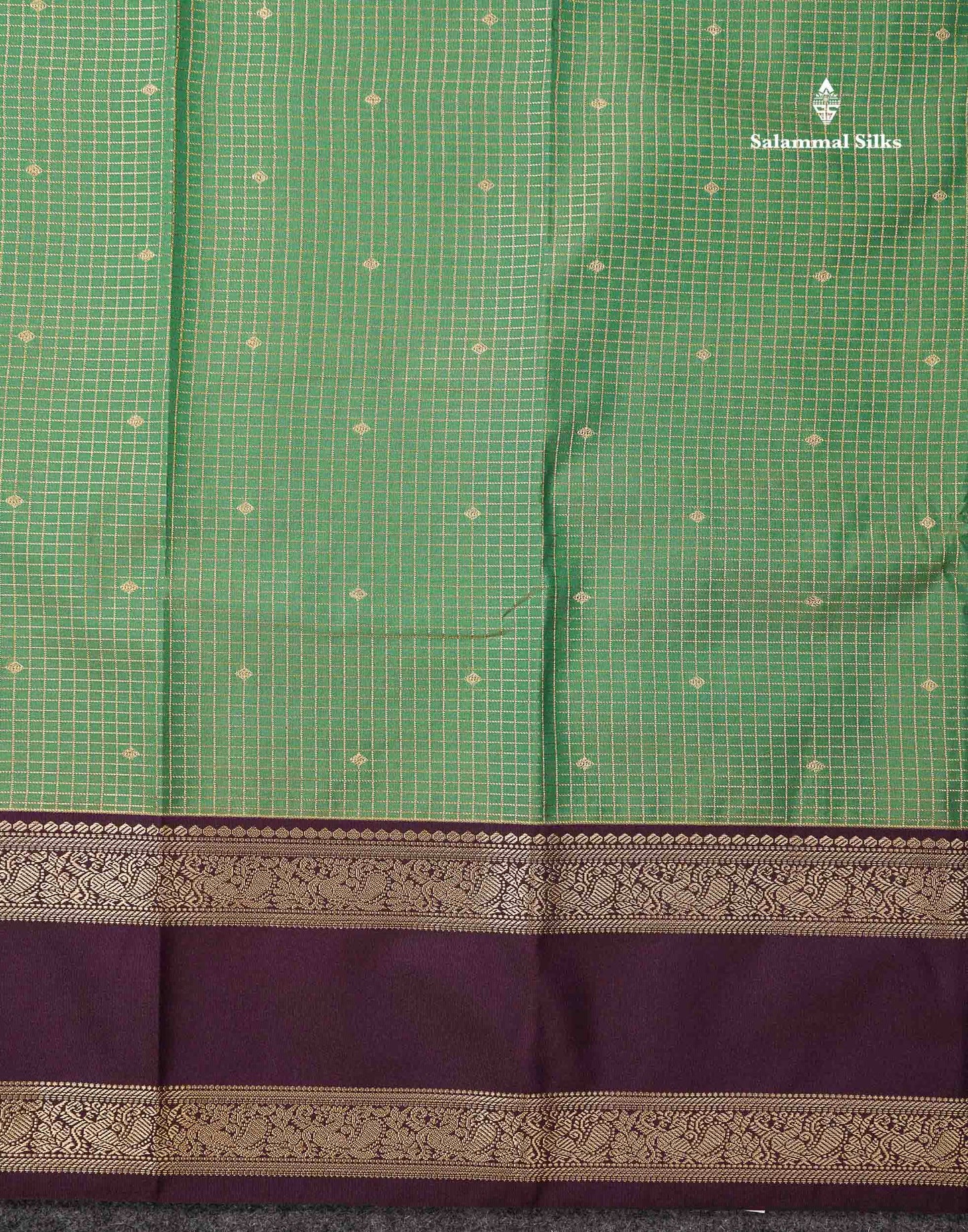 Semi Silk Saree - Dual Tone Light Olive Green Butta With Small Checks Along With Contrast Dark Purple Traditional Gap Border