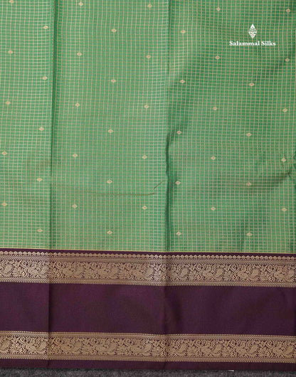 Semi Silk Saree - Dual Tone Light Olive Green Butta With Small Checks Along With Contrast Dark Purple Traditional Gap Border