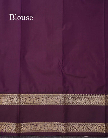 Semi Silk Saree - Dual Tone Light Olive Green Butta With Small Checks Along With Contrast Dark Purple Traditional Gap Border