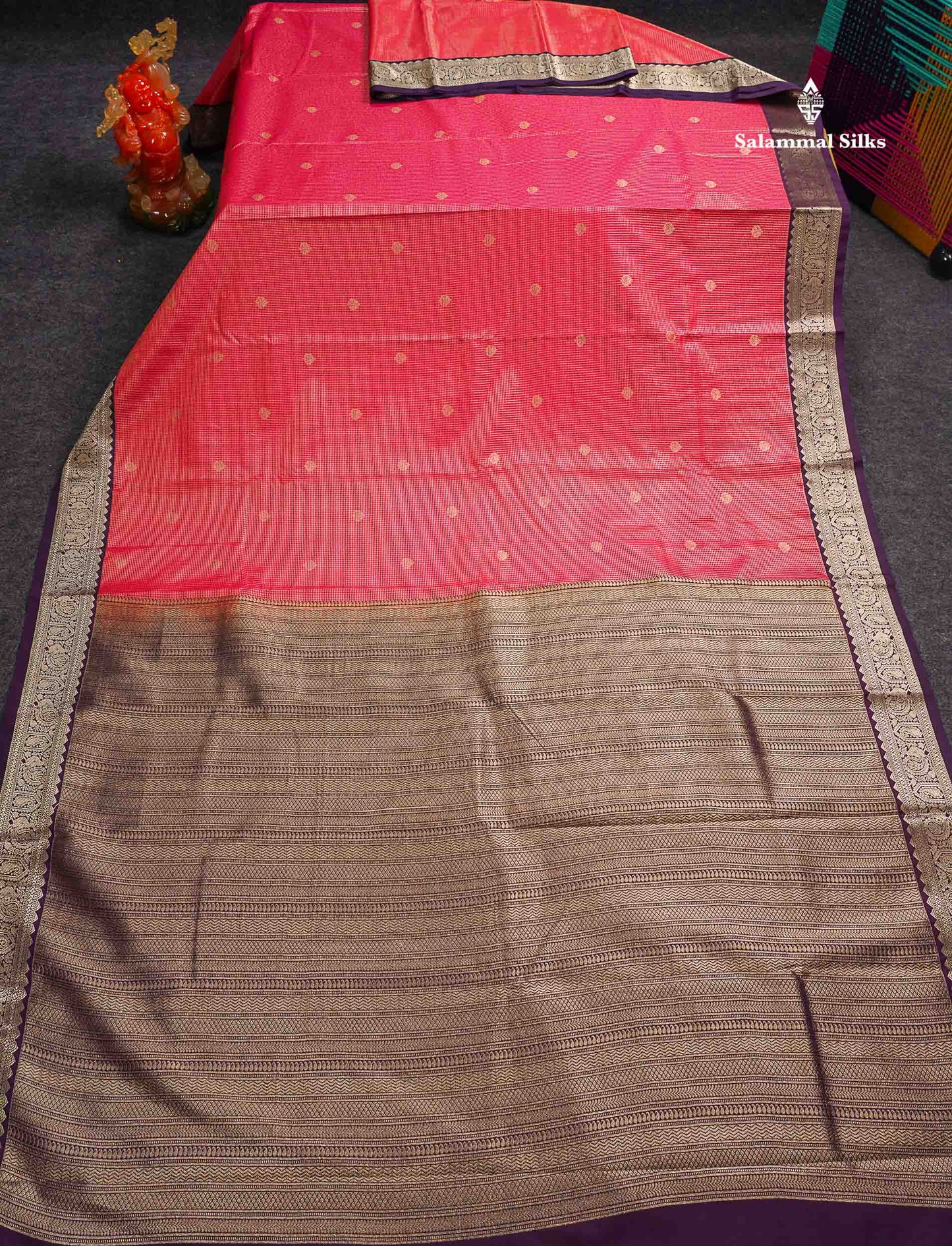 Semi Silk Saree -  Dual Tone Pink Butta With Vaira Oosi Checks Along With Contrast Dark Purple Traditional Small Border