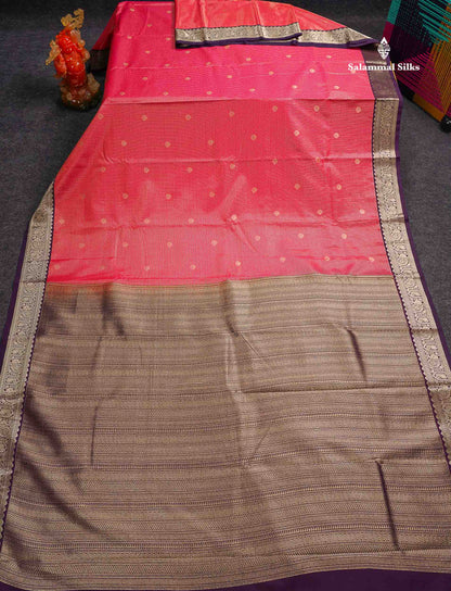 Semi Silk Saree -  Dual Tone Pink Butta With Vaira Oosi Checks Along With Contrast Dark Purple Traditional Small Border
