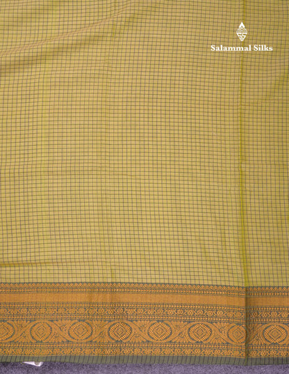 Beautiful Pista Green Small Checks Pure Cotton Saree With Traditional Evening Morning Border