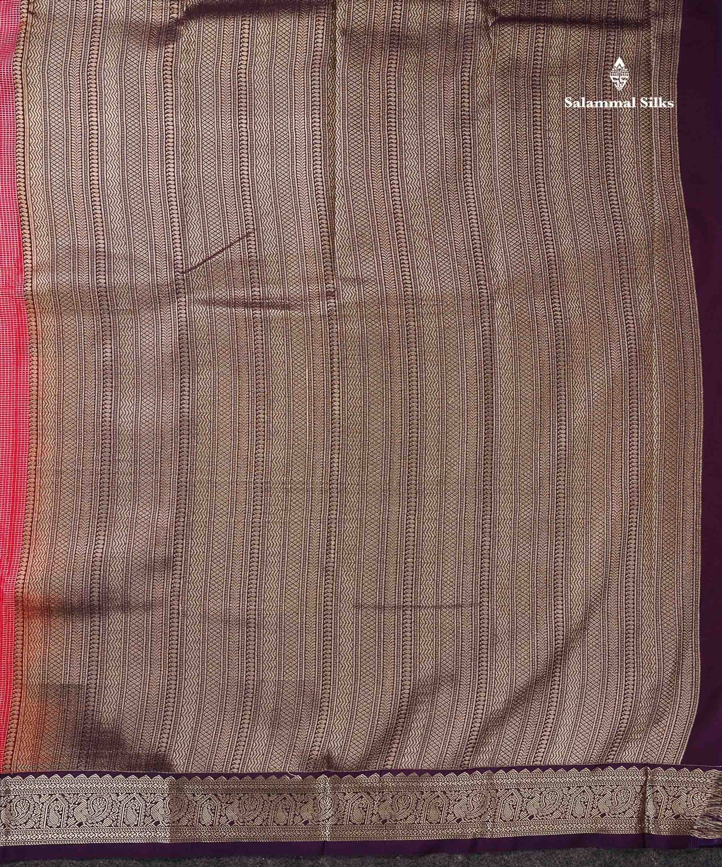 Semi Silk Saree -  Dual Tone Pink Butta With Vaira Oosi Checks Along With Contrast Dark Purple Traditional Small Border