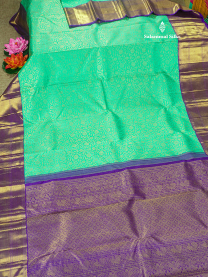 Korvai Sea Green Pure Kanjivaram Silk Saree 3G Zari with Contrast Violet Long Border