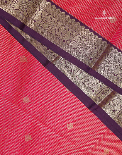 Semi Silk Saree -  Dual Tone Pink Butta With Vaira Oosi Checks Along With Contrast Dark Purple Traditional Small Border