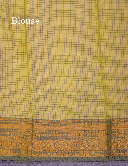 Beautiful Pista Green Small Checks Pure Cotton Saree With Traditional Evening Morning Border