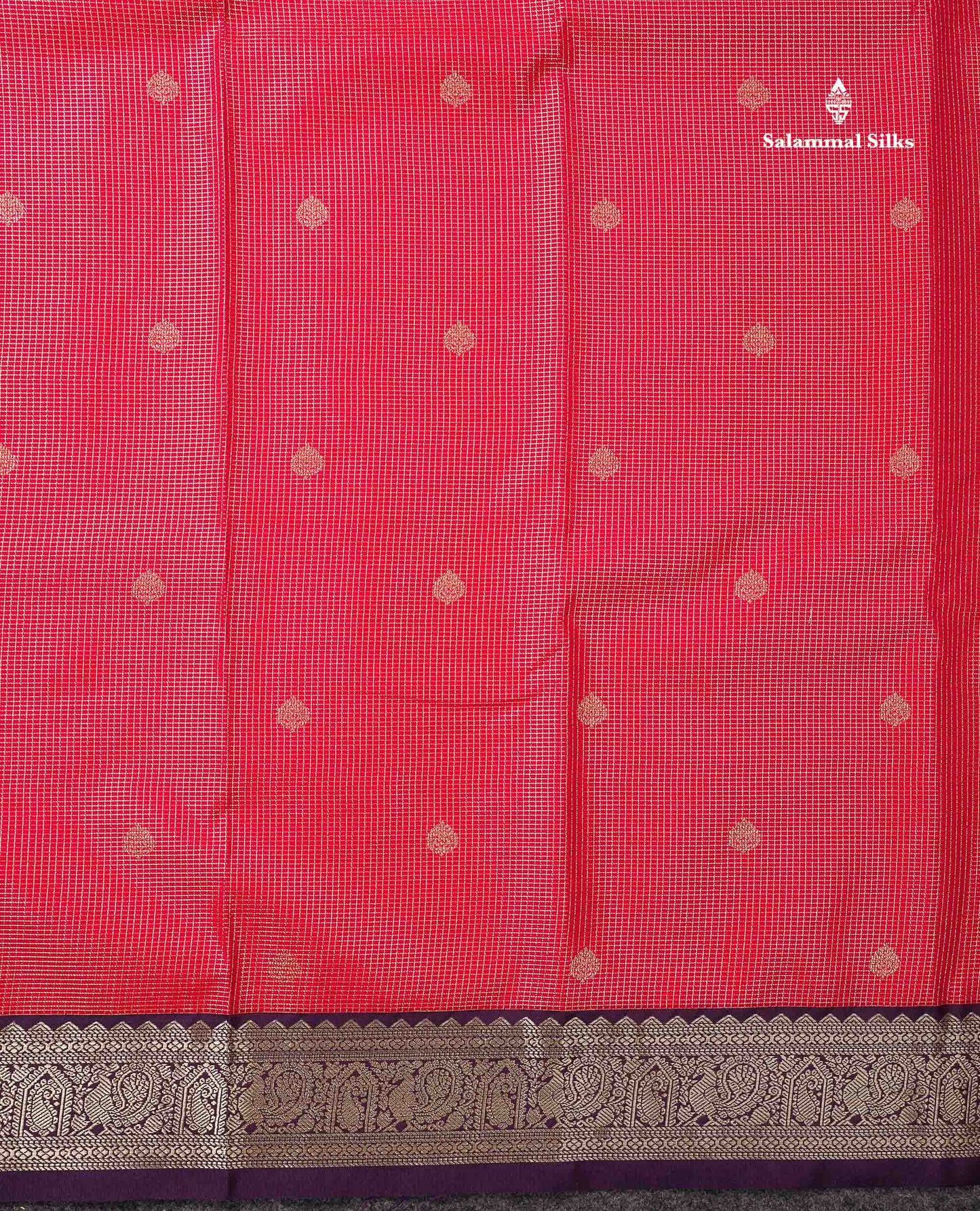 Semi Silk Saree -  Dual Tone Pink Butta With Vaira Oosi Checks Along With Contrast Dark Purple Traditional Small Border