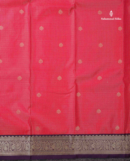 Semi Silk Saree -  Dual Tone Pink Butta With Vaira Oosi Checks Along With Contrast Dark Purple Traditional Small Border
