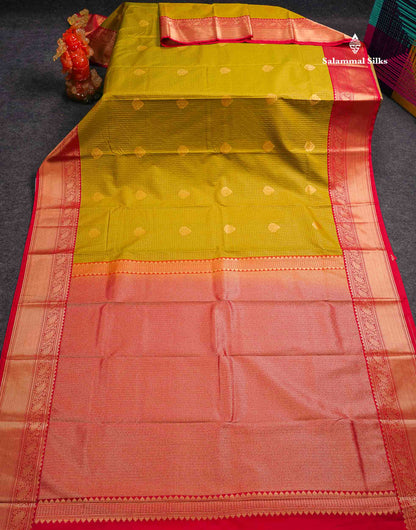 Semi Silk Saree - Light Rexona Green Butta With Small Checks Along With Contrast Pink Traditional Border