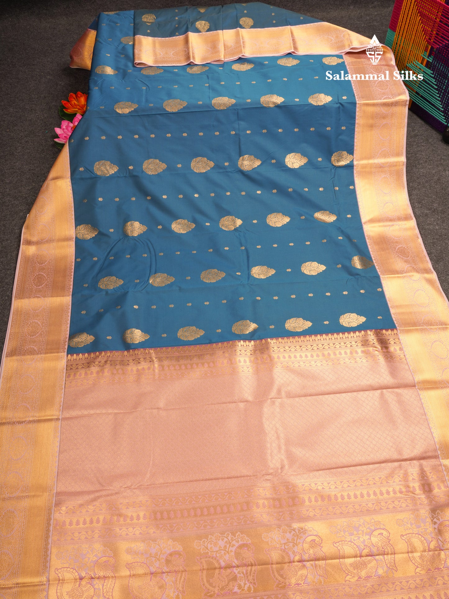 Peacock Blue Semi Silk Saree With Contrast Baby Pink Blouse