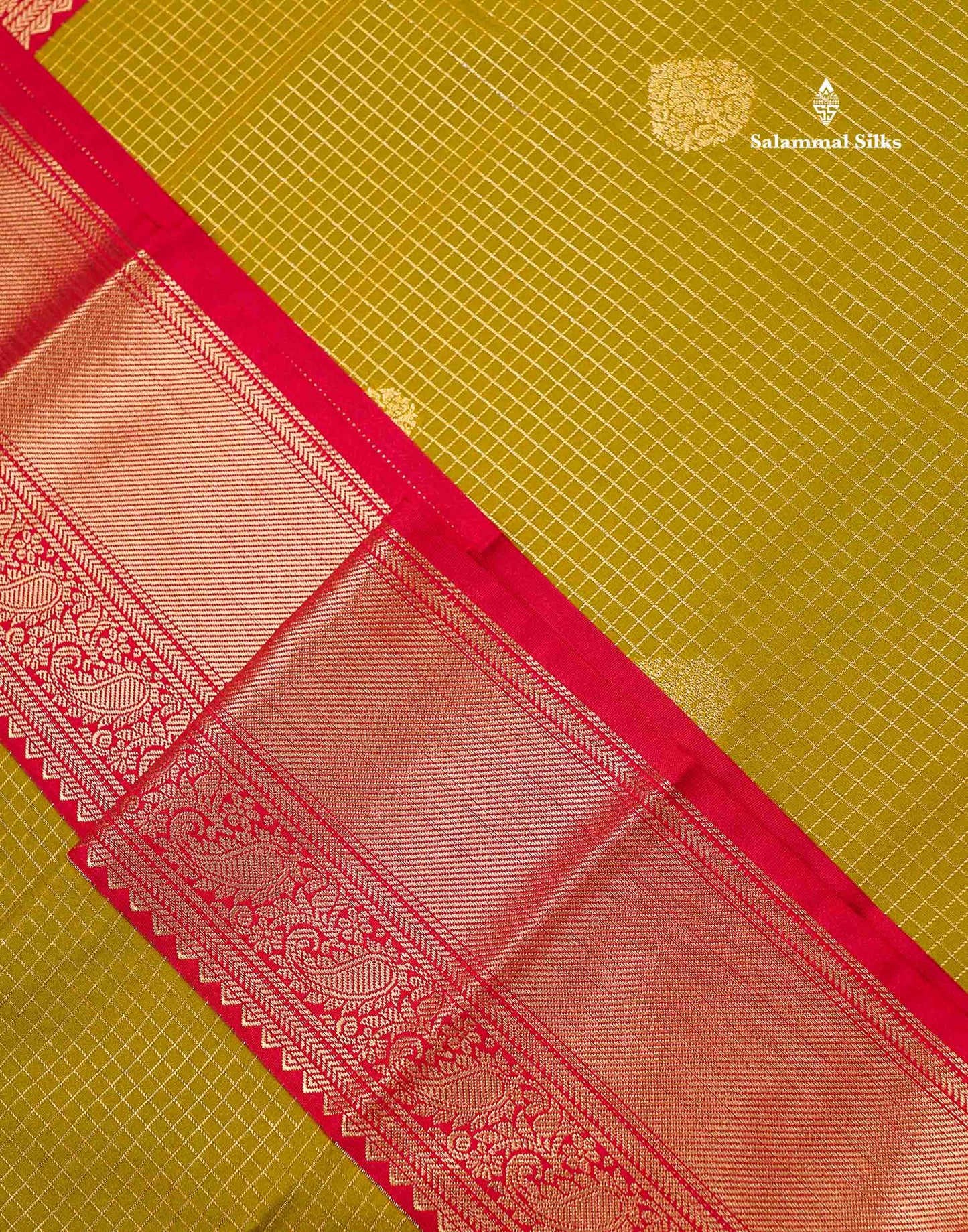 Semi Silk Saree - Light Rexona Green Butta With Small Checks Along With Contrast Pink Traditional Border